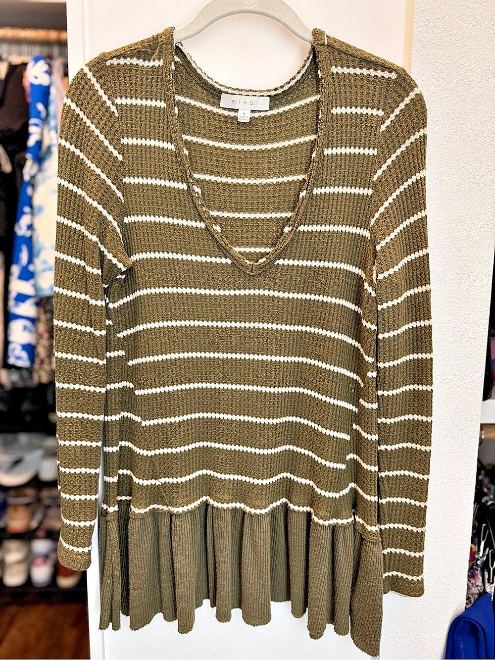 Anthropologie | eri + ali Olive Green Striped Knit Peplum Sweater Medium